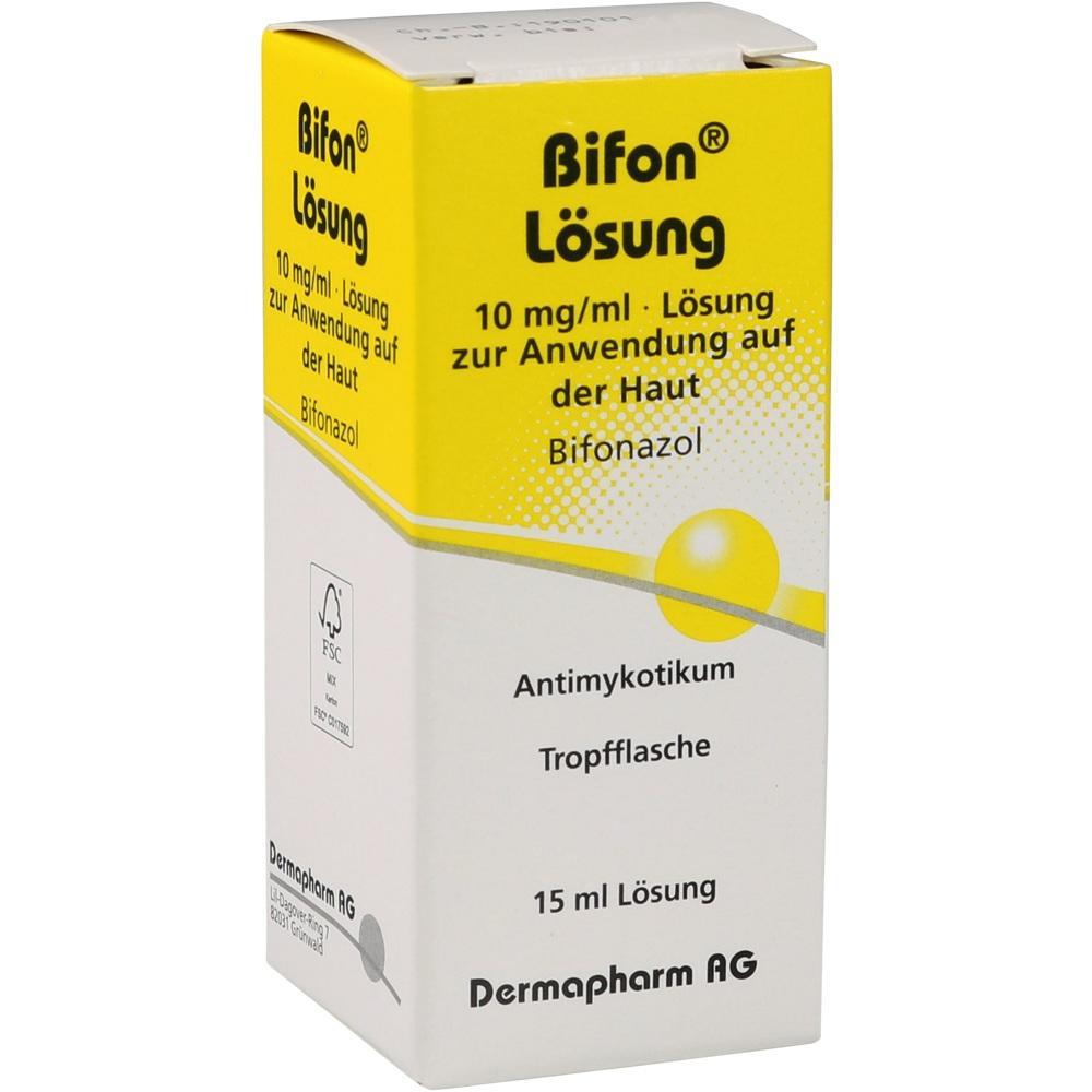 Gelbe Verpackung einer Hautlösung mit 15 ml Bifonazol, ein Antimykotikum.