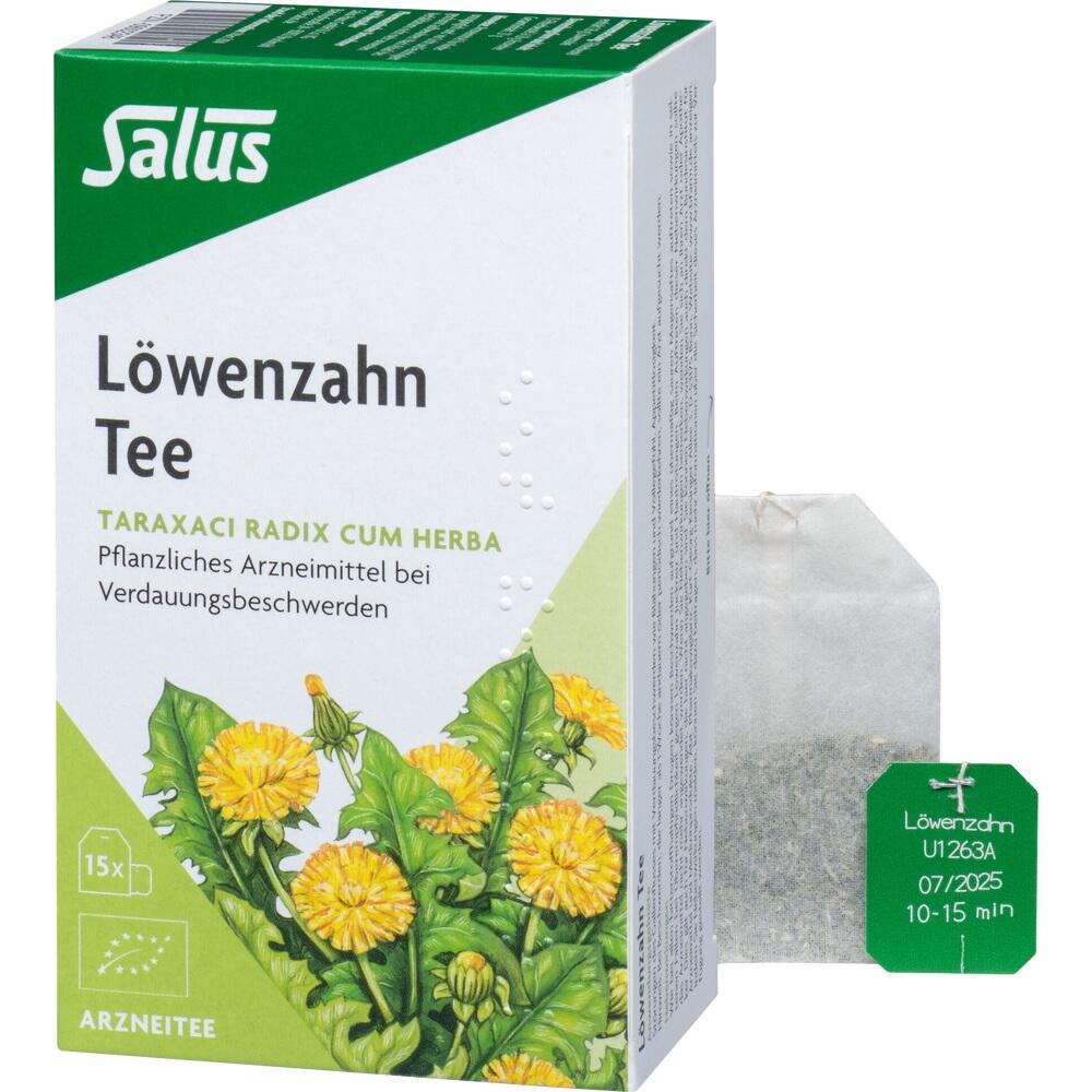 Eine Packung L&ouml;wenzahntee gegen Verdauungsbeschwerden, abgebildet mit Teebeutel.