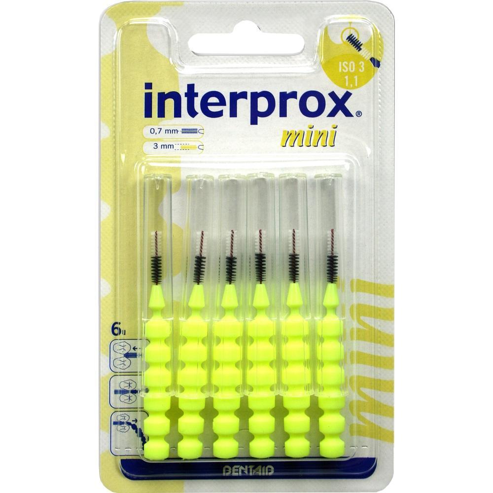 Sechs gelbe Interdentalb&uuml;rsten in einer Plastikverpackung.