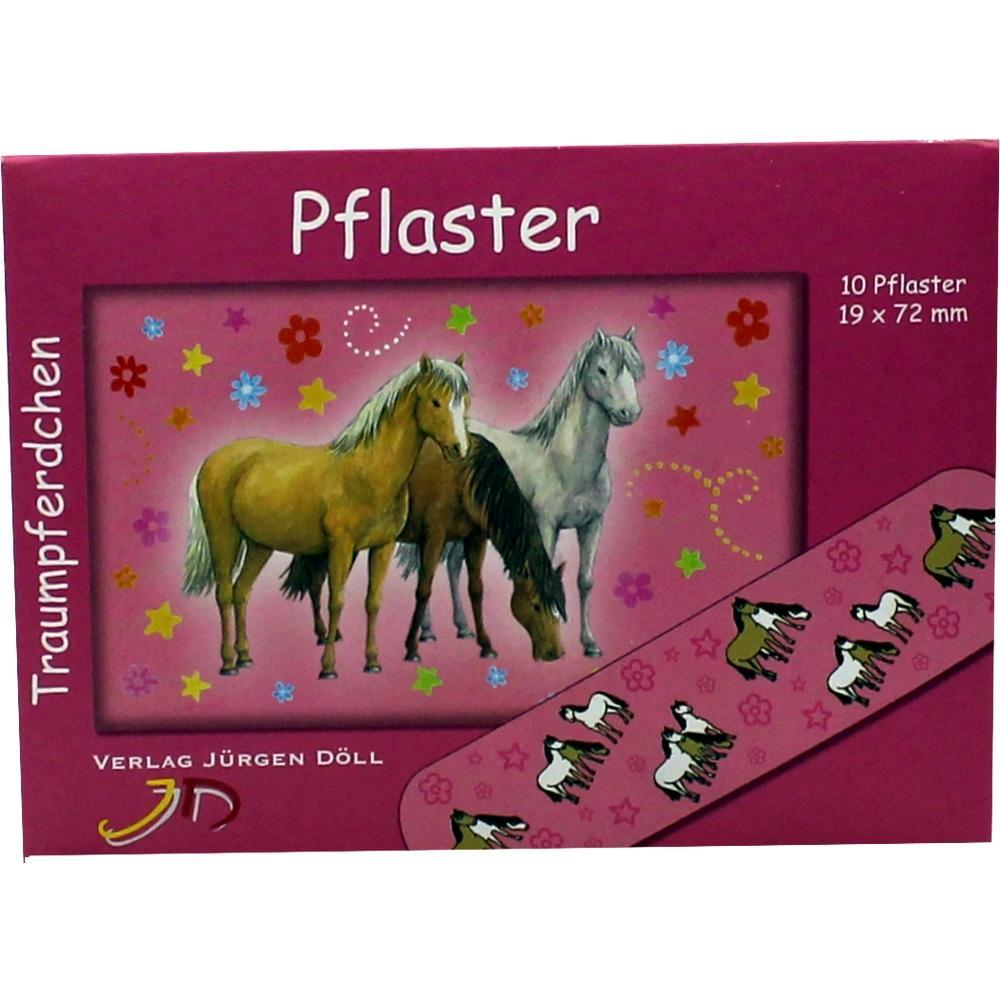 Verpackung von Pflastern mit Pferdemotiven vor einem rosa Hintergrund mit Blumen.