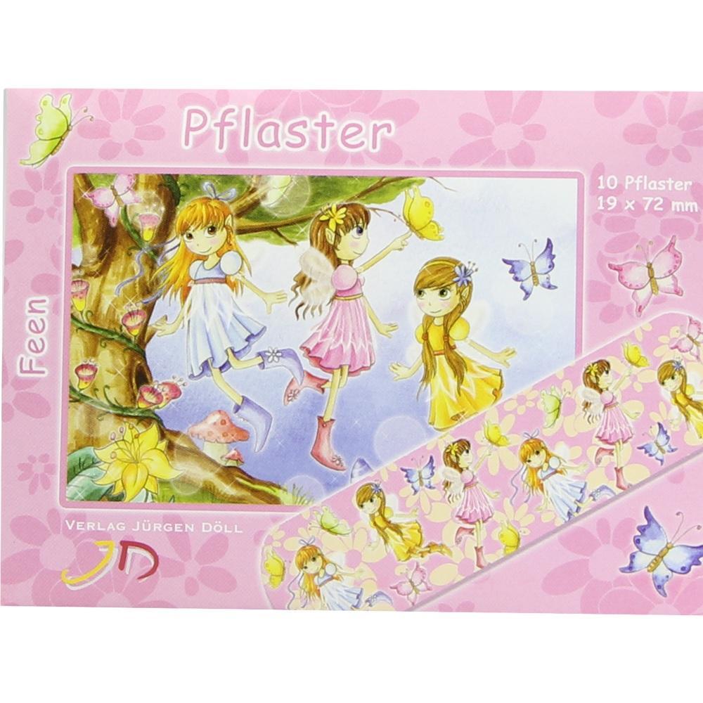 Drei Feen in bunten Kleidern tanzen auf einer Pflasterverpackung mit Blumenmuster.
