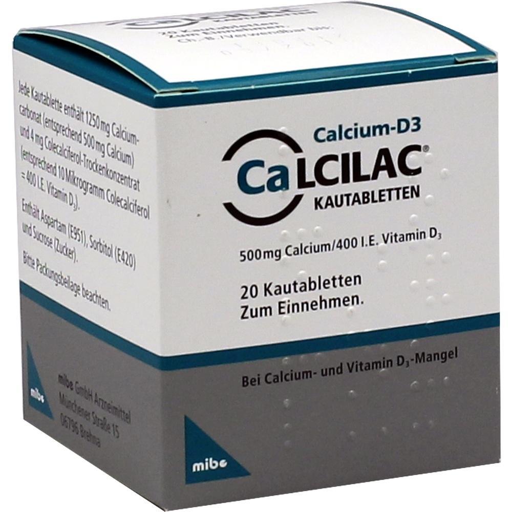 Wei&szlig;e Schachtel mit Kautabletten f&uuml;r Calcium und Vitamin D3.