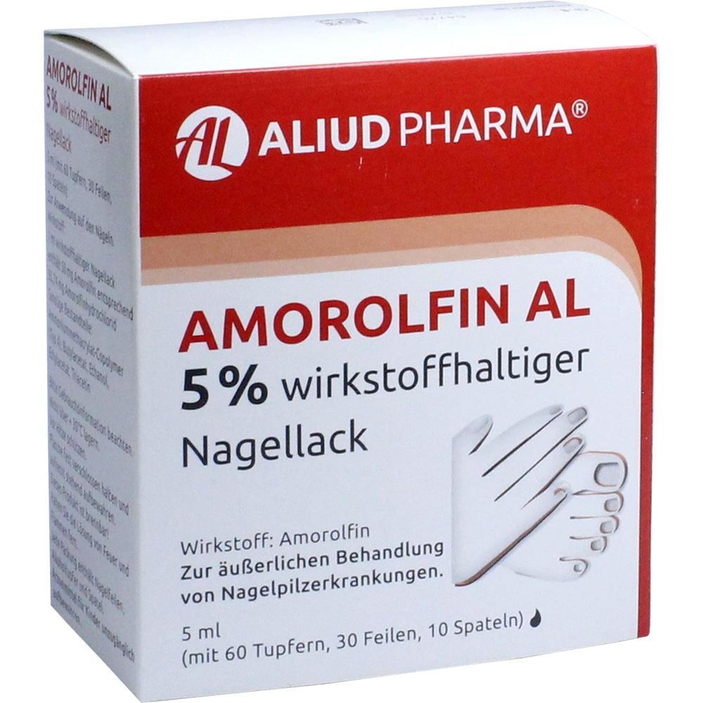 Rote Verpackung von Medikament gegen Nagelpilz mit der Aufschrift "Amorolfinal 5%".