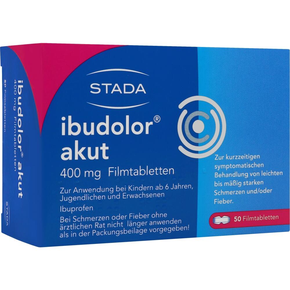 Blaue Packung Ibuprofen-Tabletten gegen Schmerzen und Fieber, 50 Stück.
