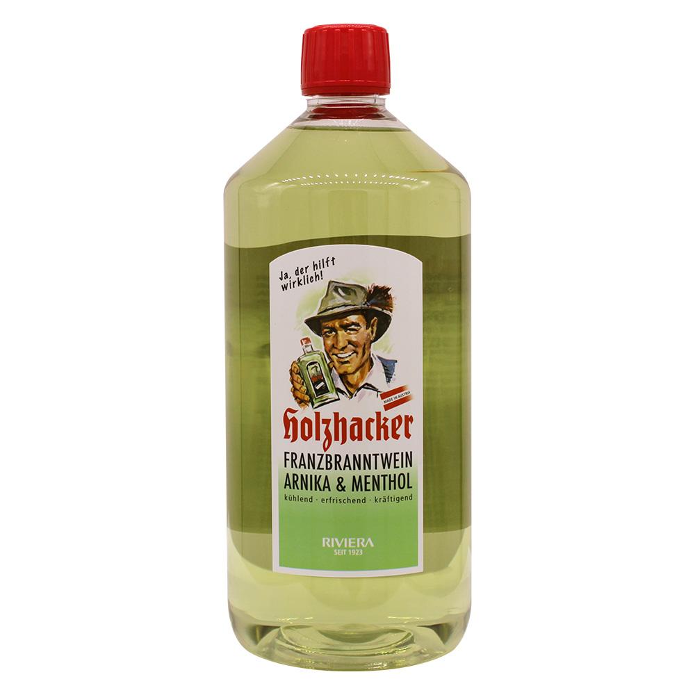Grüne Flasche mit rotem Verschluss und einem Etikett, das einen Holzfäller zeigt.