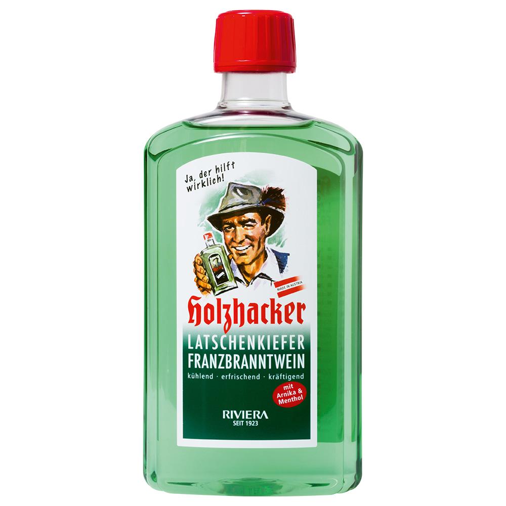 Eine grüne Flasche mit rotem Deckel und Label von Latschenkiefer Franzbranntwein.