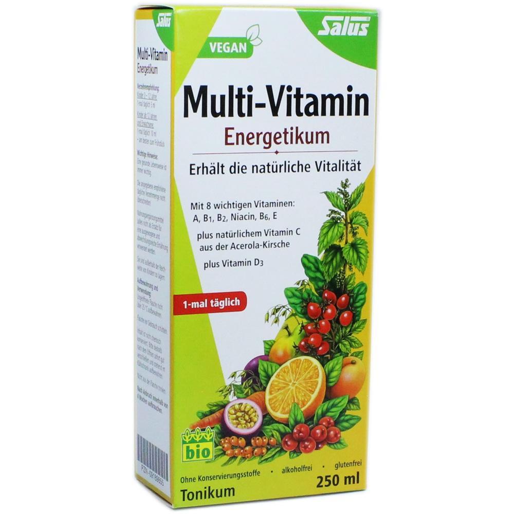 Eine gelbe Box mit dem Text "Multi-Vitamin Energetikum" und Fr&uuml;chtebildern.
