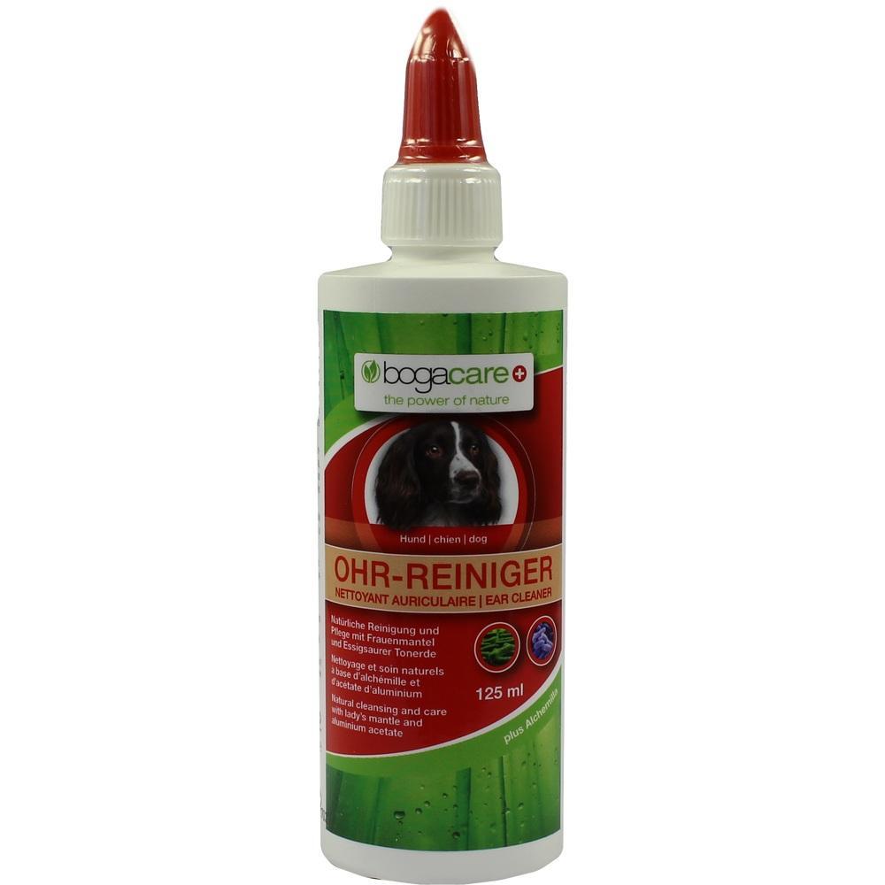 Wei&szlig;e Flasche mit roter Spitze, darauf steht "Ohr-Reiniger" f&uuml;r Hunde.