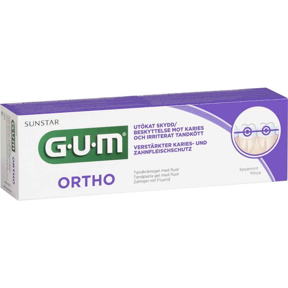 Eine Zahnpastaverpackung der Marke GUM Ortho mit Schutz gegen Karies und Zahnfleischprobleme.