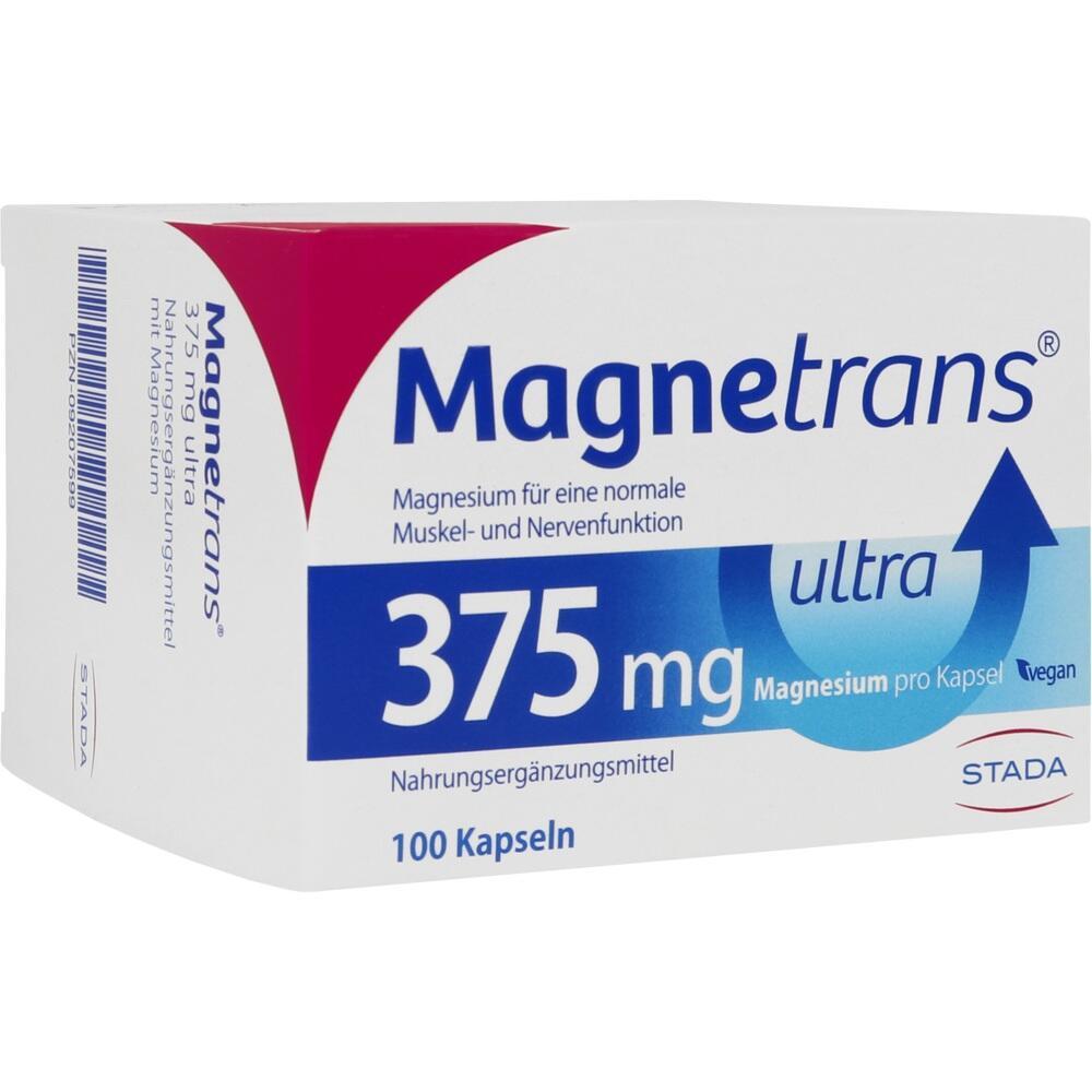 Eine Packung Magnesiumkapseln mit 375 mg Inhalt für Muskel- und Nervenfunktion.