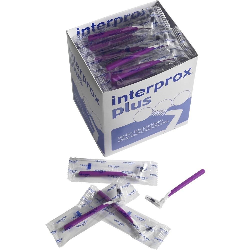 Eine Packung mit lila Interdentalb&uuml;rsten und einzeln verpackte B&uuml;rsten davor.