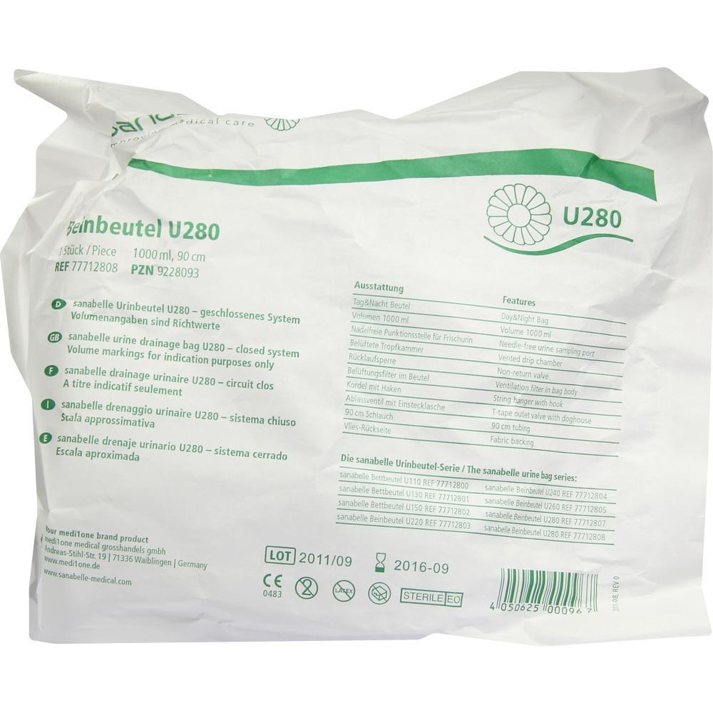 Verpackung eines sanabelle Urinbeutels U280, 1000 ml, mit Produktinformationen.