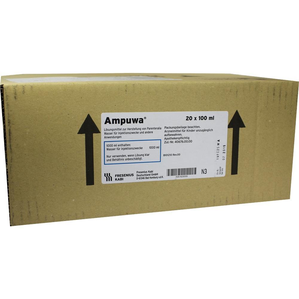 Brauner Karton mit Aufkleber, darauf steht "Ampuwa", 20 Flaschen à 100 ml Wasser für Injektionszwecke.