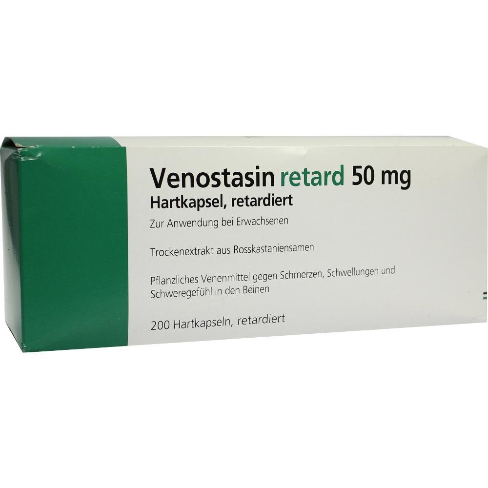Eine Packung mit 200 Kapseln Venostasin retard 50 mg gegen Beinbeschwerden.