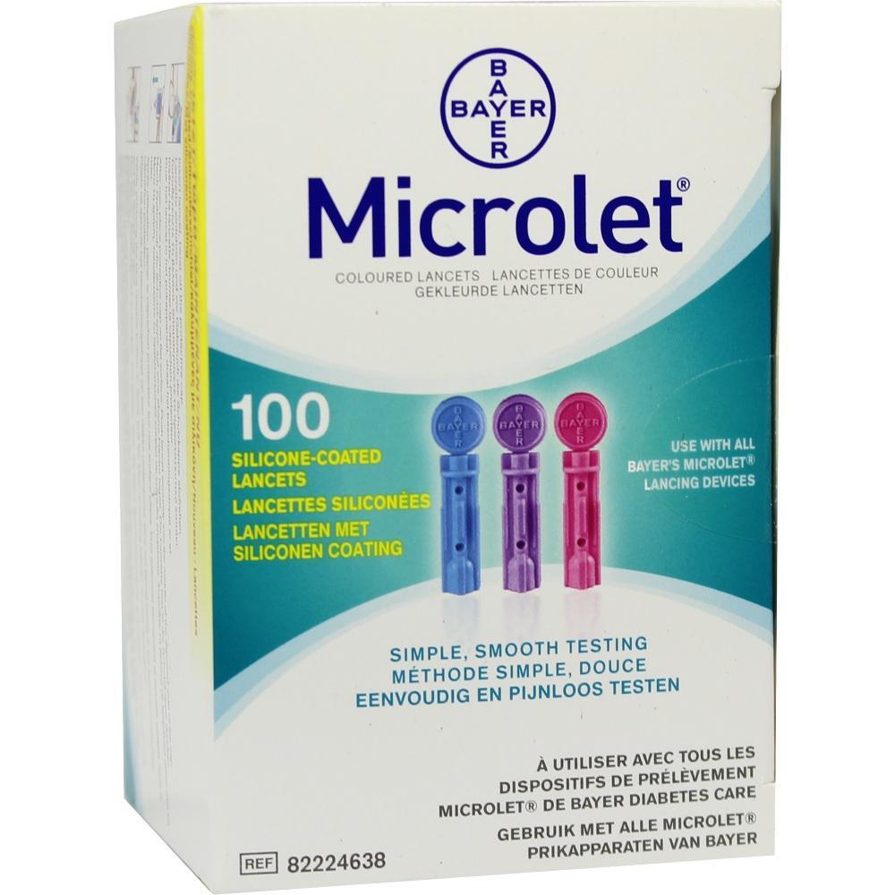 Verpackung von 100 bunten, silikonbeschichteten Lanzetten von Bayer Microlet.