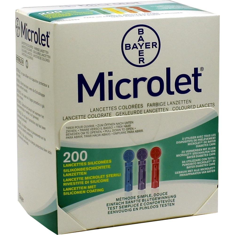 Eine Schachtel mit 200 farbigen Lanzetten f&uuml;r Bluttests der Marke Microlet.