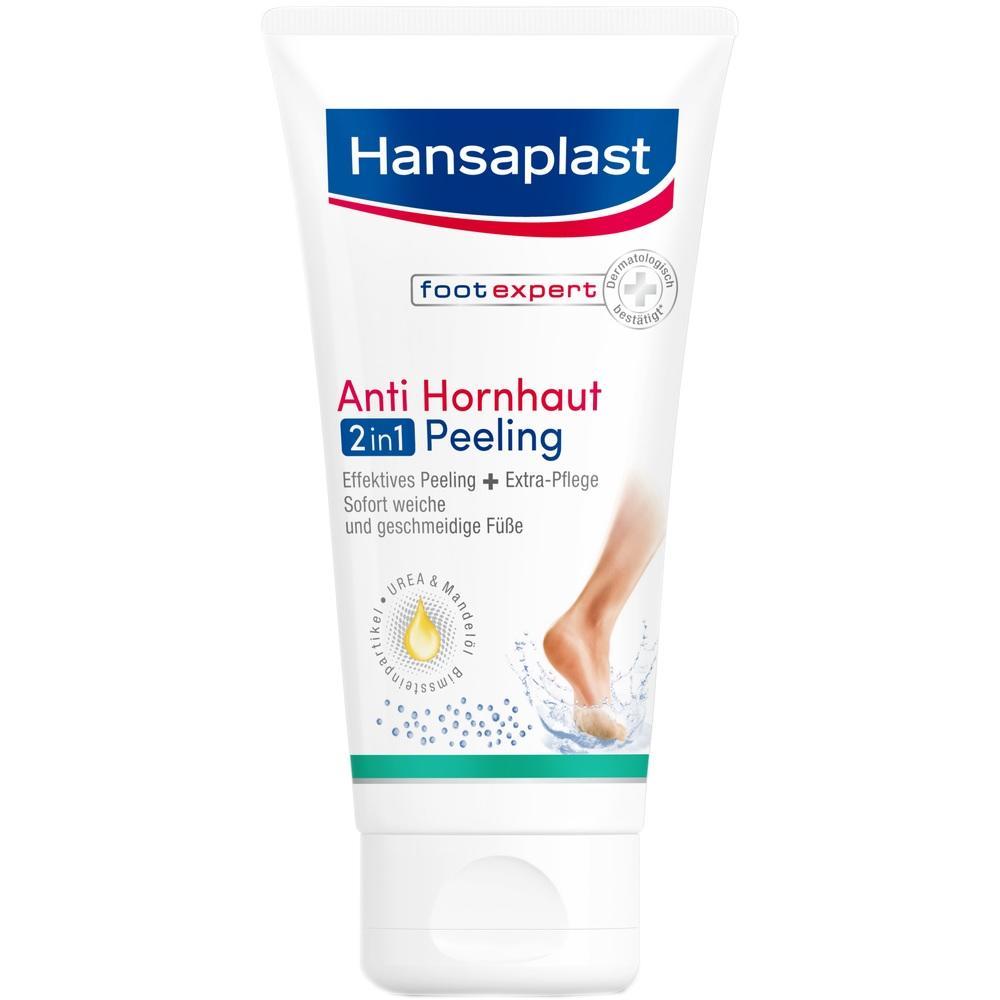 Eine Tube Peeling-Creme von Hansaplast gegen Hornhaut für weiche Füße.