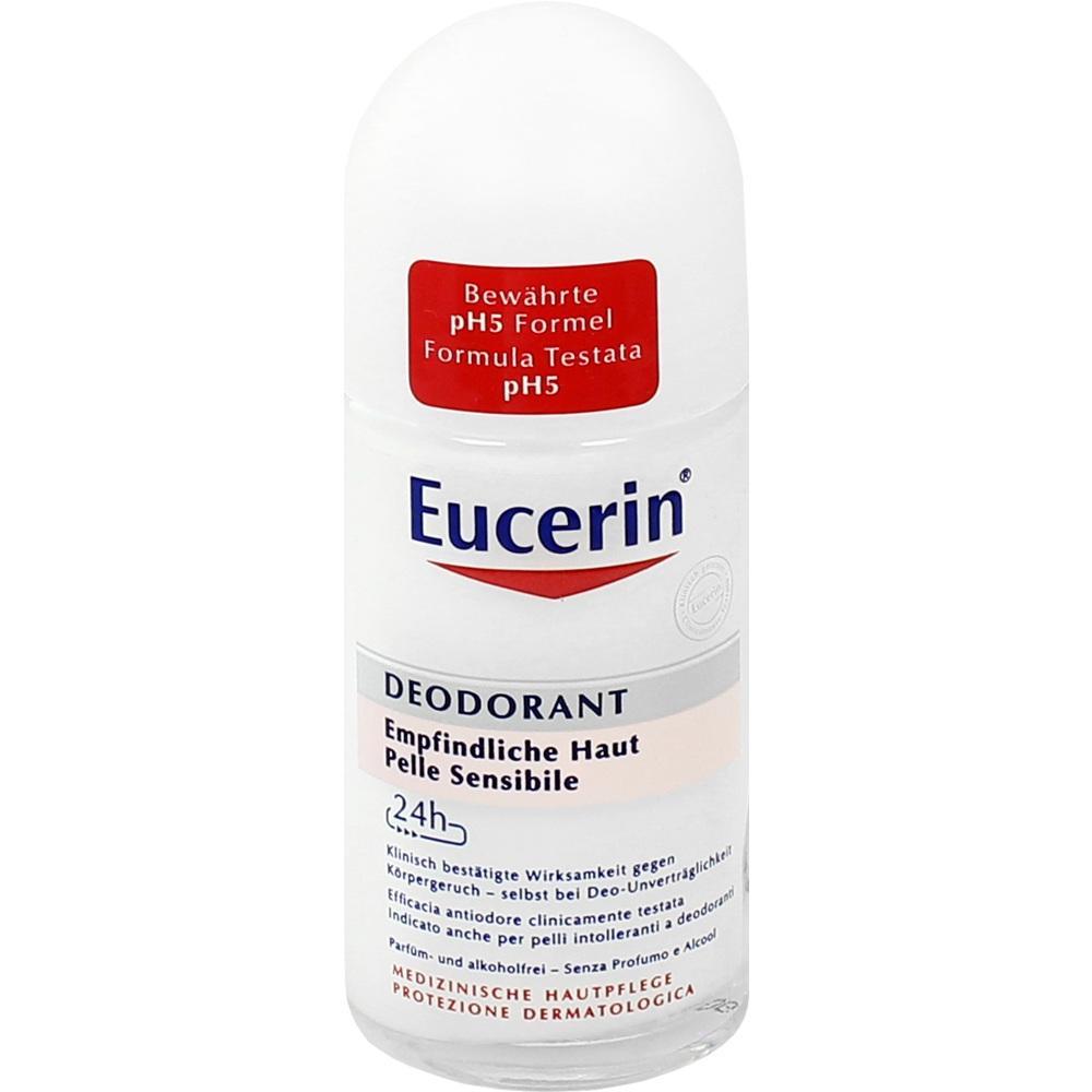 Roll-On-Deodorant mit der Aufschrift "Eucerin" f&uuml;r empfindliche Haut.