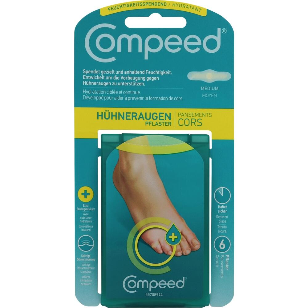 Verpackung von Hühneraugenpflastern von Compeed zur Feuchtigkeits- und Schmerzbehandlung.
