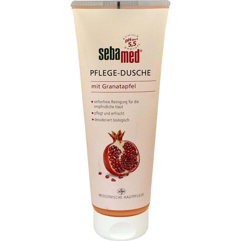 Eine Tube Duschgel mit Granatapfel-Abbildung auf der Verpackung.