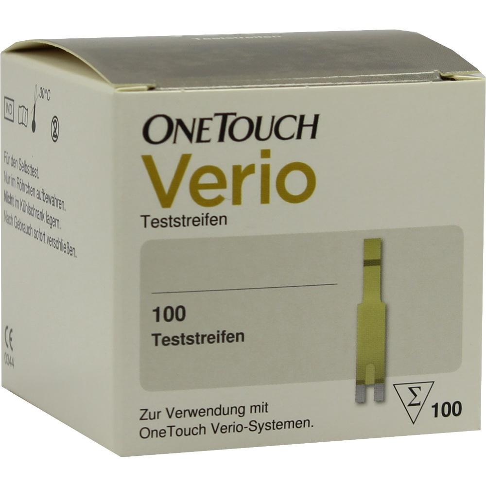 Eine Packung mit 100 OneTouch Verio Teststreifen f&uuml;r Blutzuckermessungen.