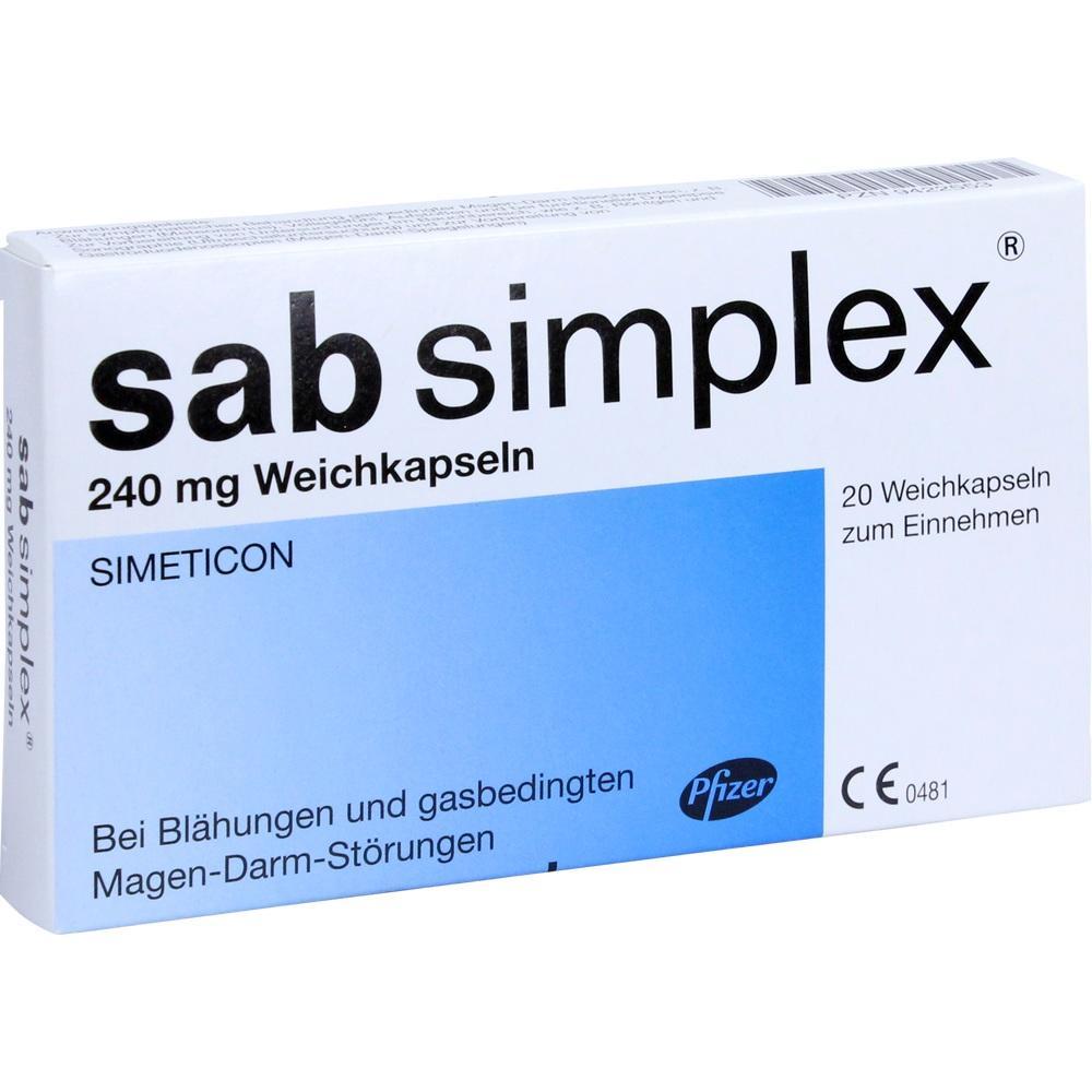 Verpackung von Sab Simplex Weichkapseln zur Linderung von Bl&auml;hungen.