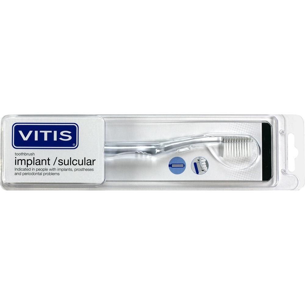 Transparente Zahnb&uuml;rste in einer Plastikverpackung mit der Aufschrift "VITIS implant/sulcular".