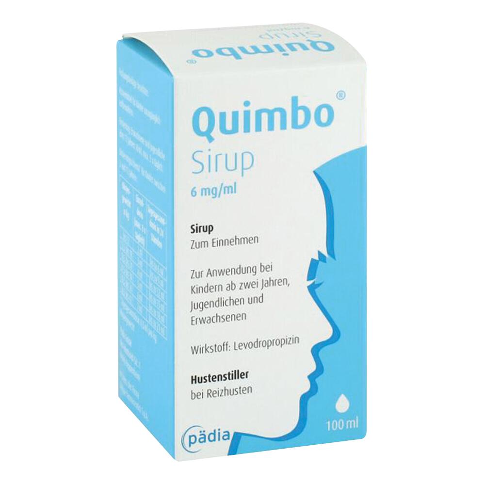 Eine Packung Quimbo Sirup f&uuml;r Husten, geeignet f&uuml;r Kinder und Erwachsene.