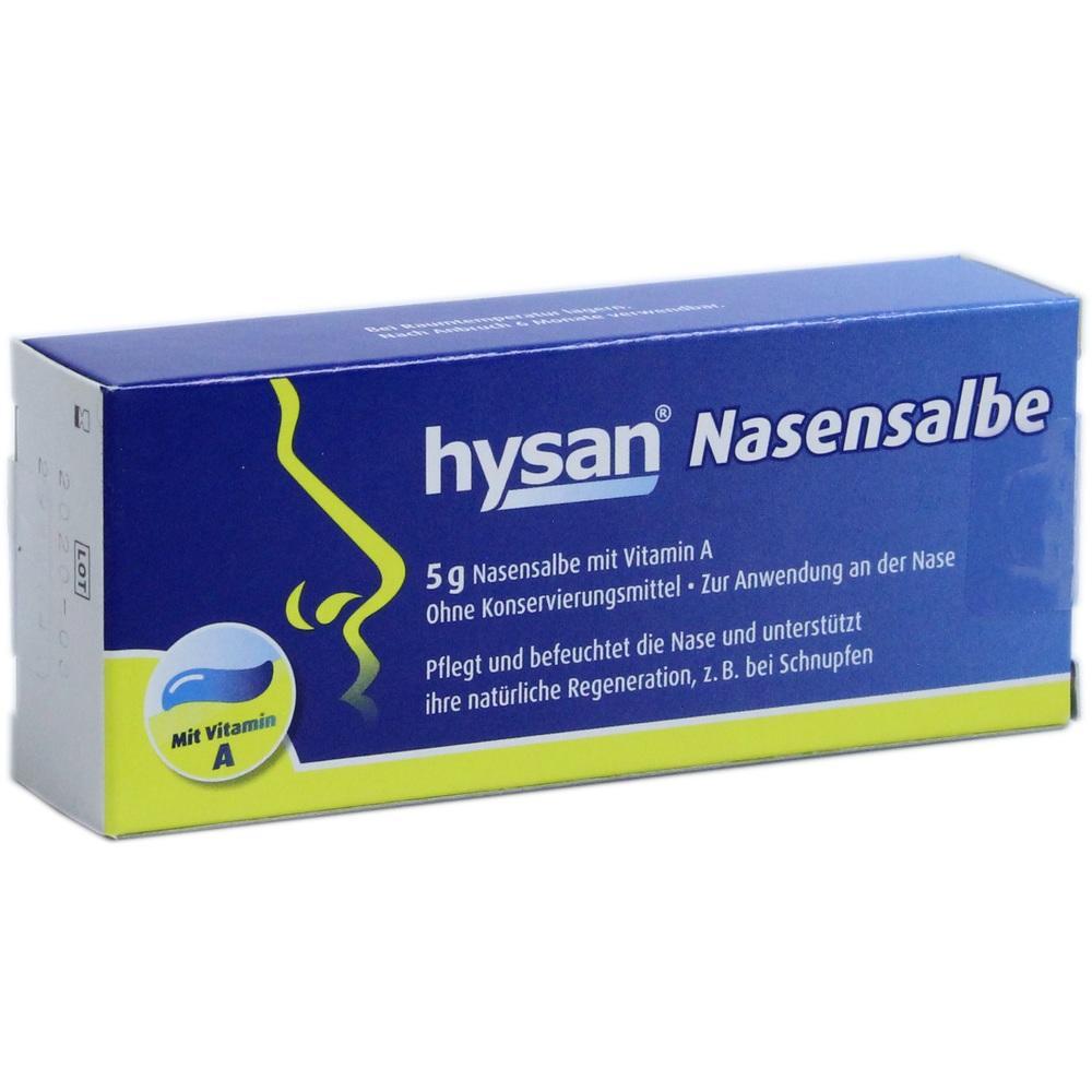 Blaue Packung "hysan Nasensalbe" zur Pflege und Befeuchtung der Nase mit Vitamin A.