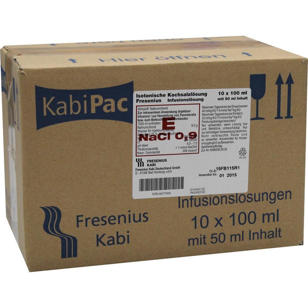 Pappkarton mit Aufschrift "Fresenius Kabi" für Kochsalzlösung zur Infusion.