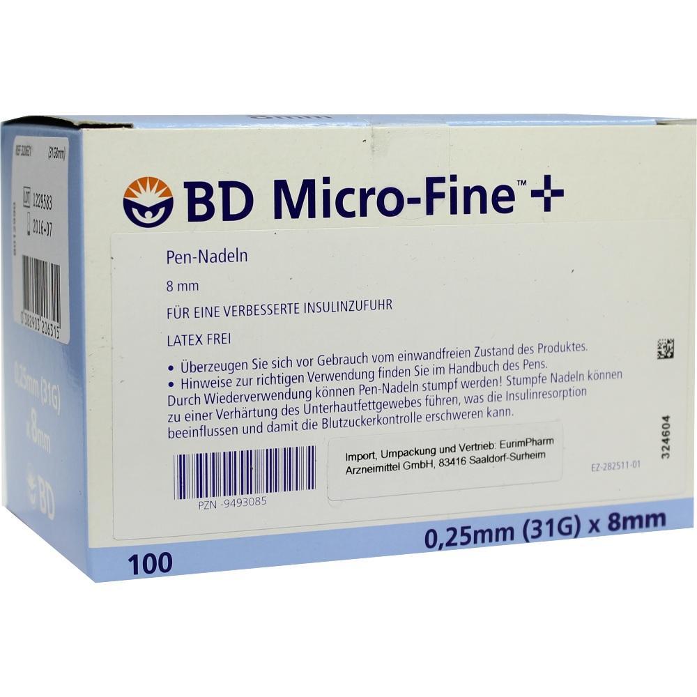 Eine Packung mit 100 Pen-Nadeln f&uuml;r Insulin, 8 mm lang und latexfrei.