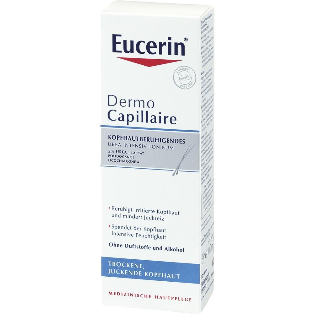 Eine Schachtel Eucerin DermoCapillaire Tonikum für trockene, juckende Kopfhaut.