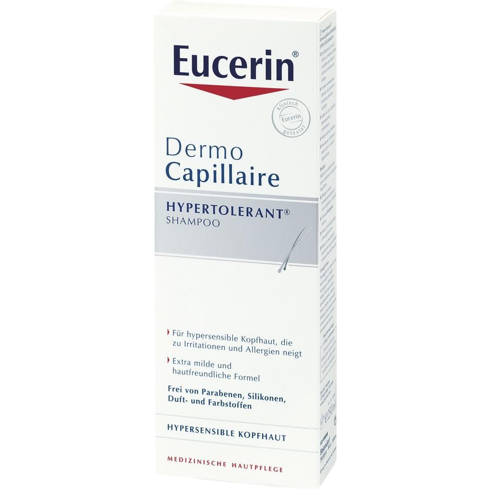 Eine Packung Eucerin DermoCapillaire Hypoallergen-Shampoo für empfindliche Kopfhaut.