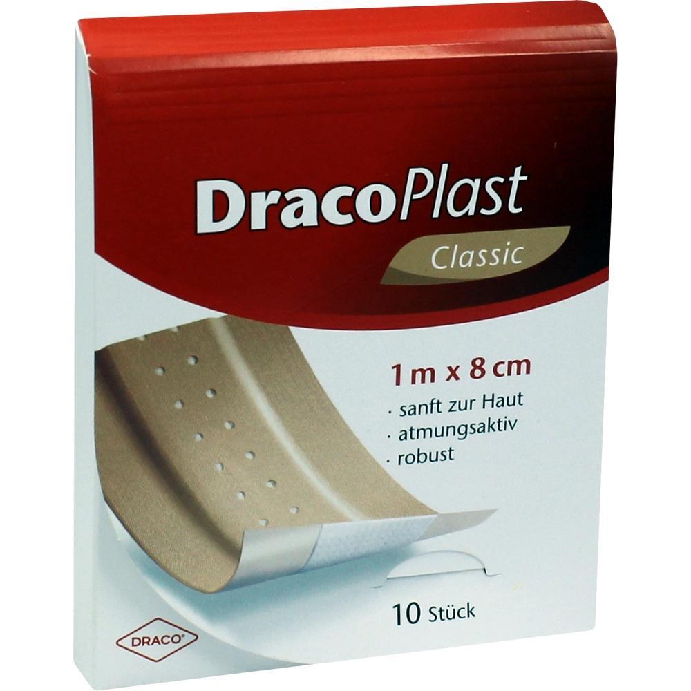 Eine Packung mit 10 Pflastern der Marke DracoPlast Classic, 1 m x 8 cm groß.