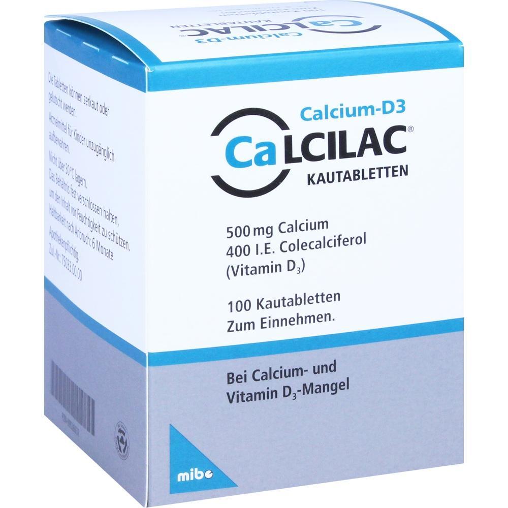 Eine Packung Calcilac Kautabletten mit Calcium und Vitamin D3.