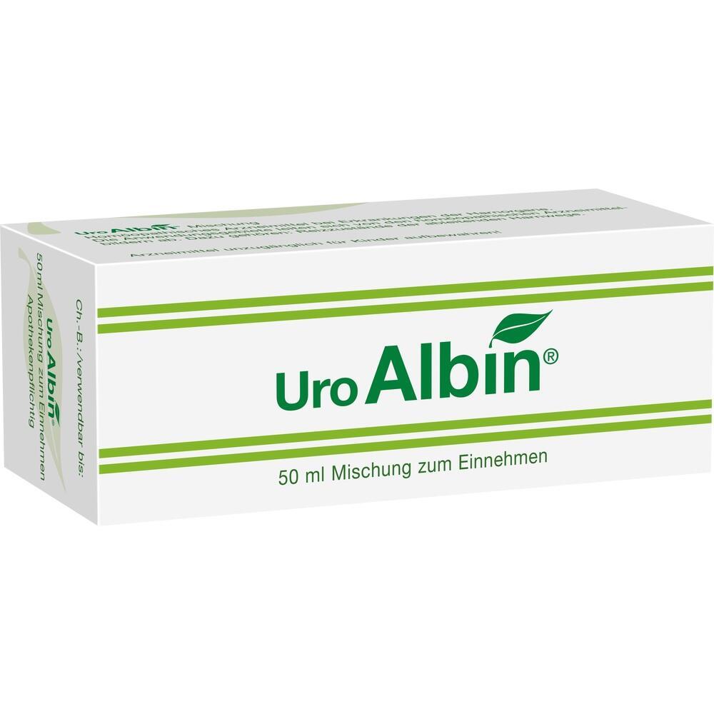 Eine wei&szlig;e Medikamentenverpackung mit gr&uuml;nem Text "UroAlbin" und einem Blatt-Symbol.