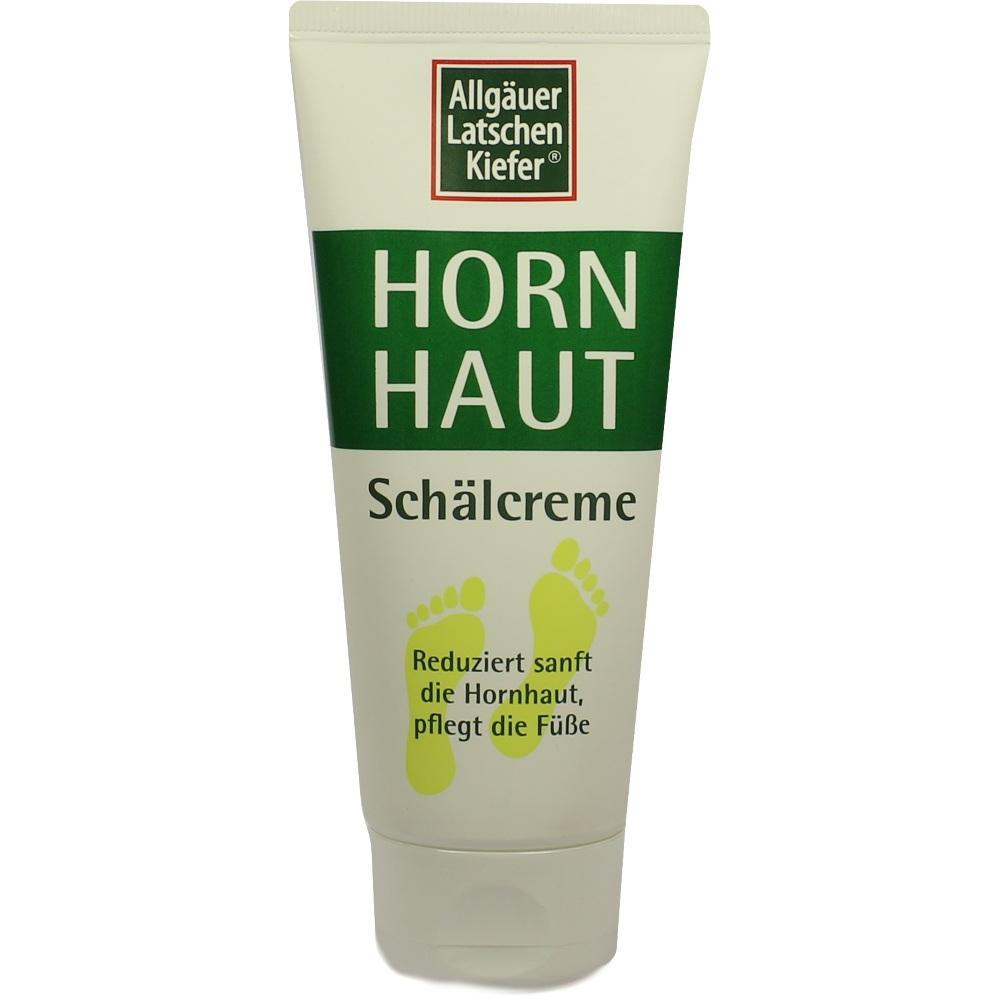 Weiße Tube Hornhautcreme mit grünem Etikett und gelben Fußabdrücken.