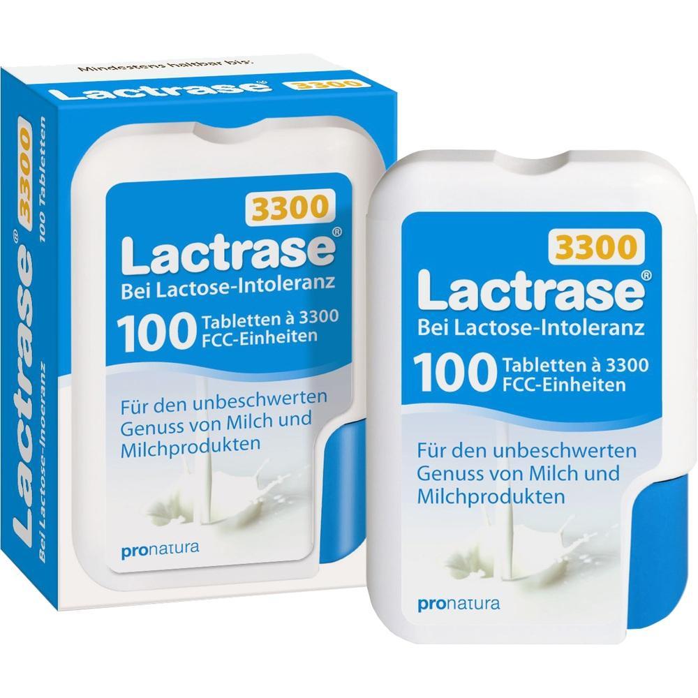 Blisterpackung und Schachtel von Lactrase Tabletten gegen Laktose-Intoleranz.