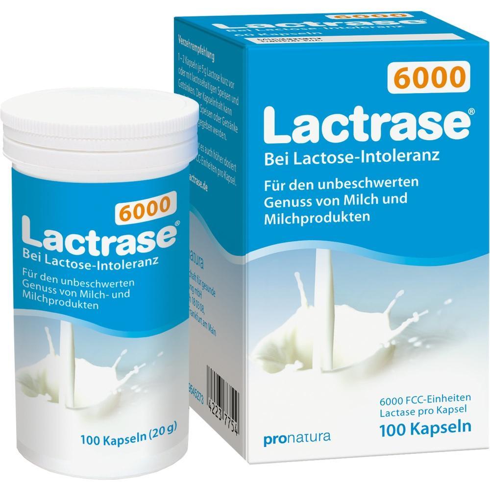 Eine Packung Lactrase 6000 f&uuml;r Menschen mit Laktose-Intoleranz, enth&auml;lt 100 Kapseln.