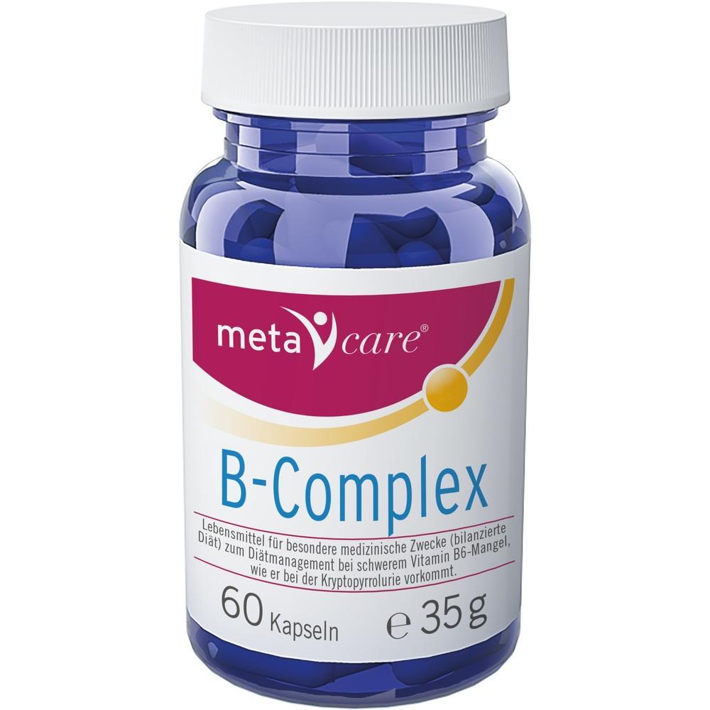 Eine blaue Flasche mit dem Etikett "B-Complex" und 60 Kapseln.