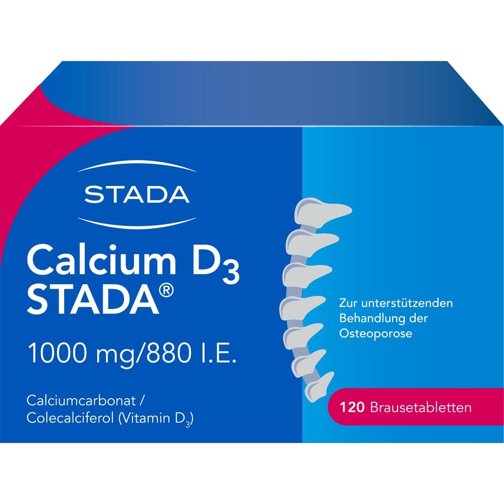 Verpackung von Calcium D3 Stada für die Unterstützung bei Osteoporose, 120 Brausetabletten.