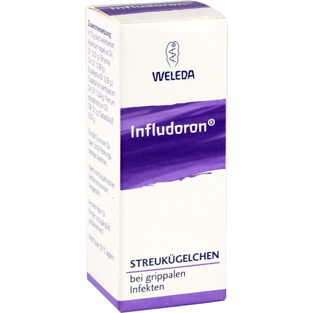Wei&szlig;e Verpackung mit lila Aufschrift "Infludoron" und "Streuk&uuml;gelchen bei grippalen Infekten".
