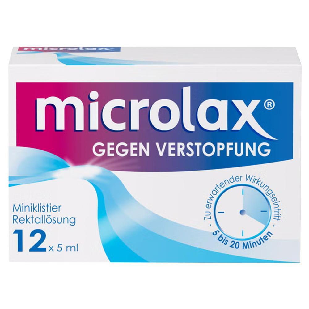 Eine Packung "Microlax" gegen Verstopfung mit blauen und lila Grafiken.