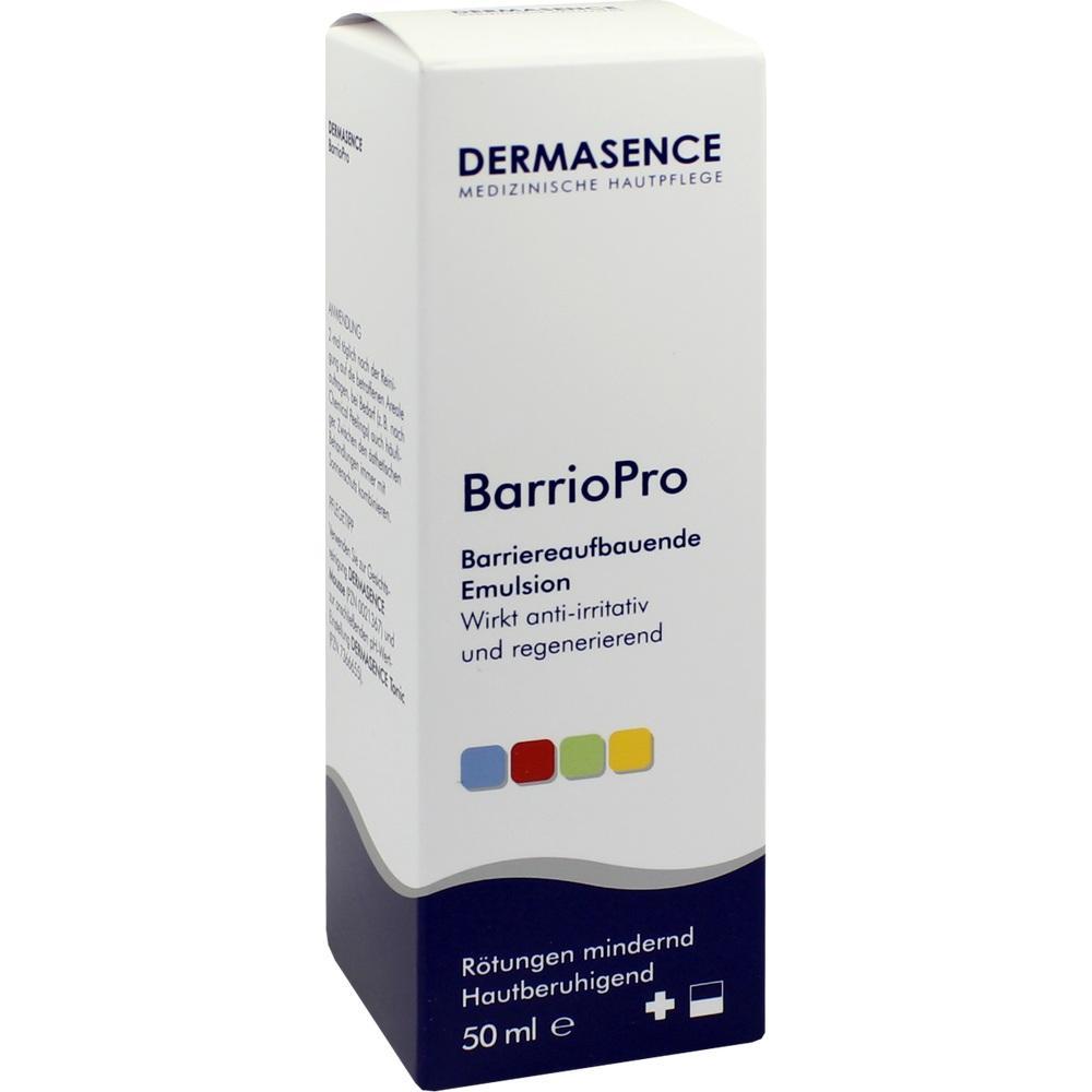 Weiße Box mit der Aufschrift "Dermasence BarrioPro Emulsion" zur Hautpflege.