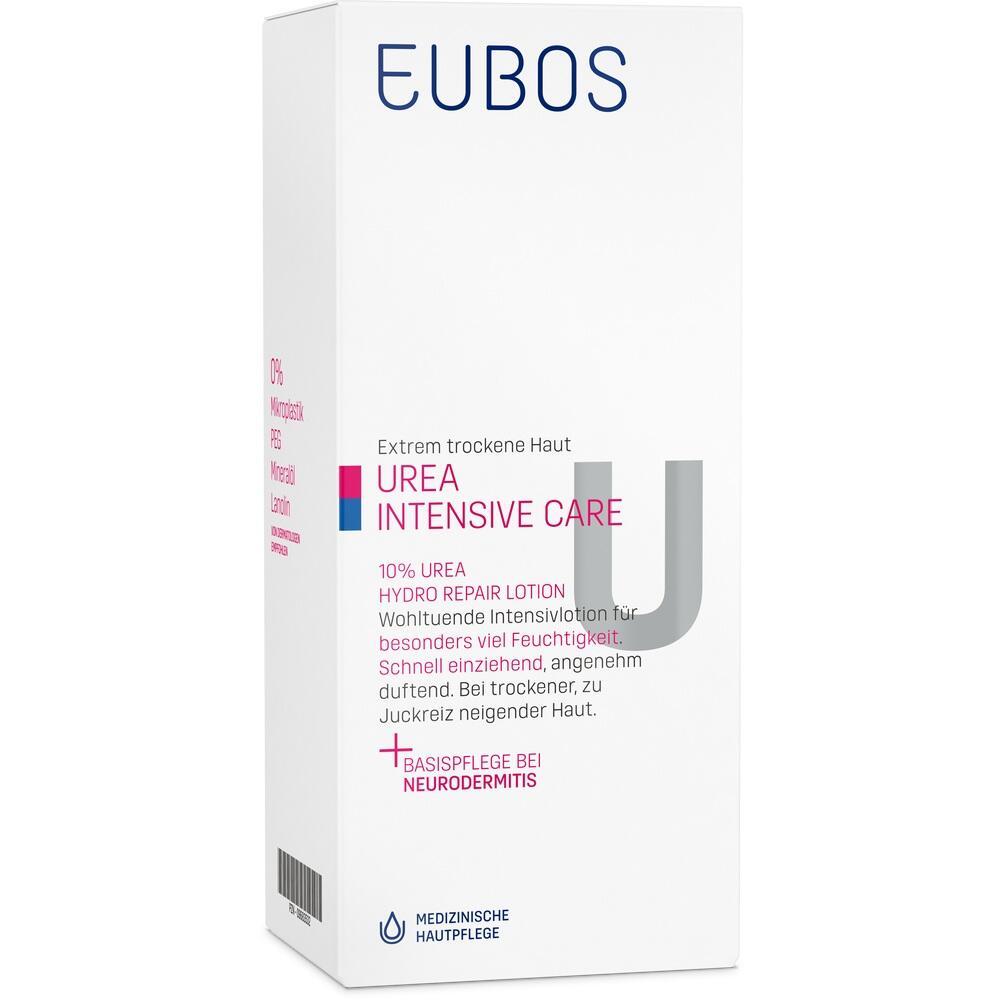 Weiße Verpackung einer Urea-Intensivpflege-Lotion von Eubos für trockene Haut.