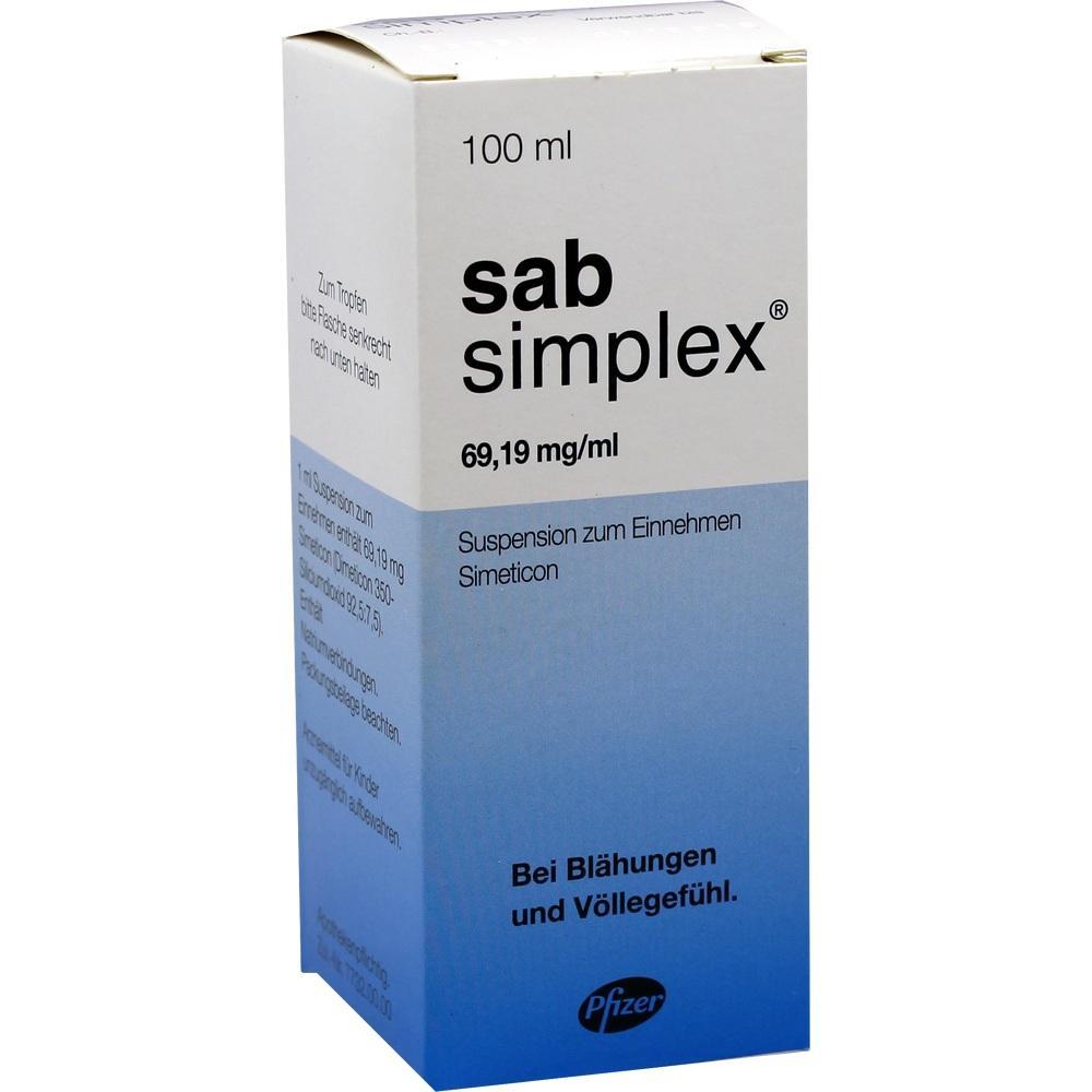 Wei&szlig;e und blaue Verpackung eines Medikaments gegen Bl&auml;hungen mit dem Namen "sab simplex".