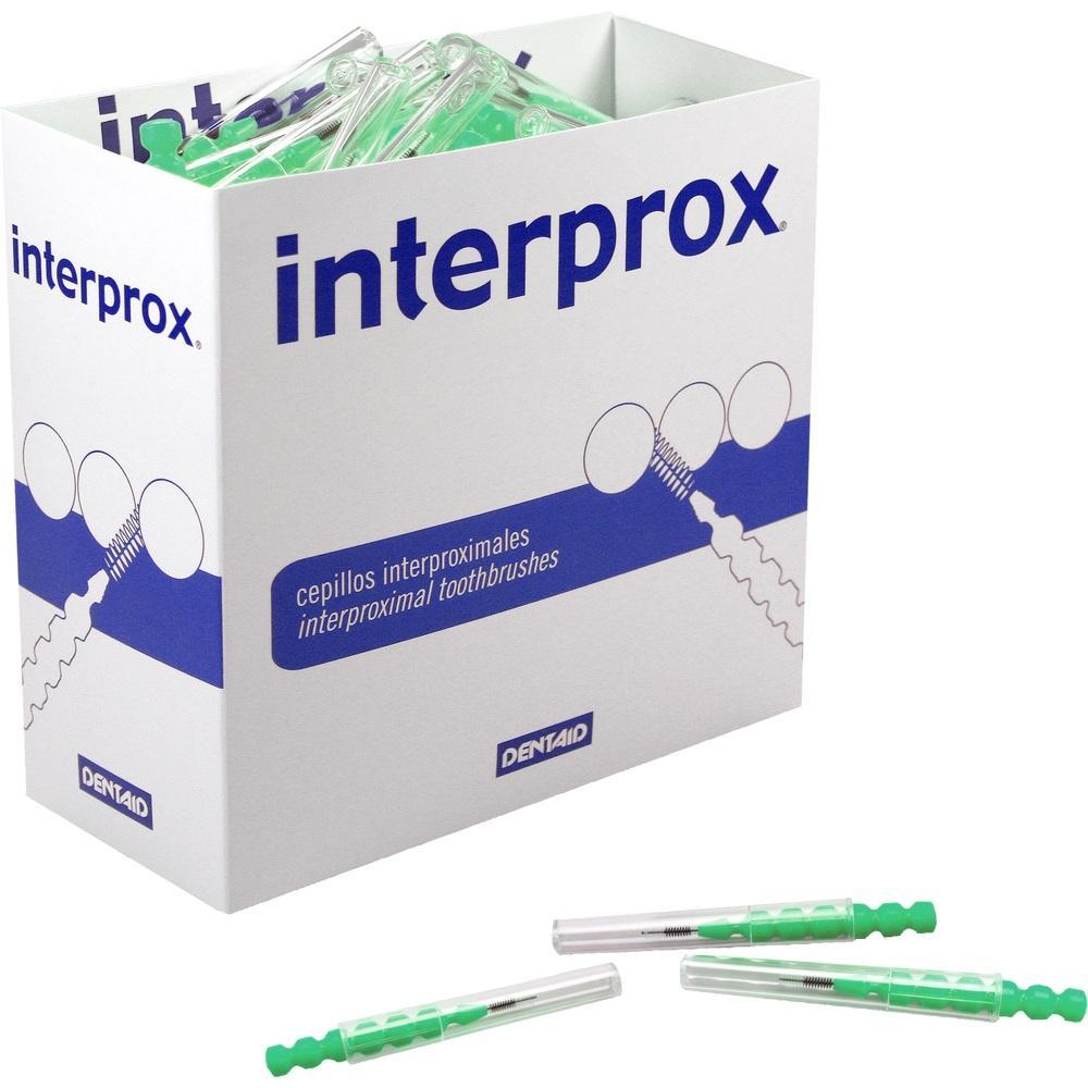 Eine Packung Interdentalb&uuml;rsten mit gr&uuml;nem Griff und H&uuml;lle.