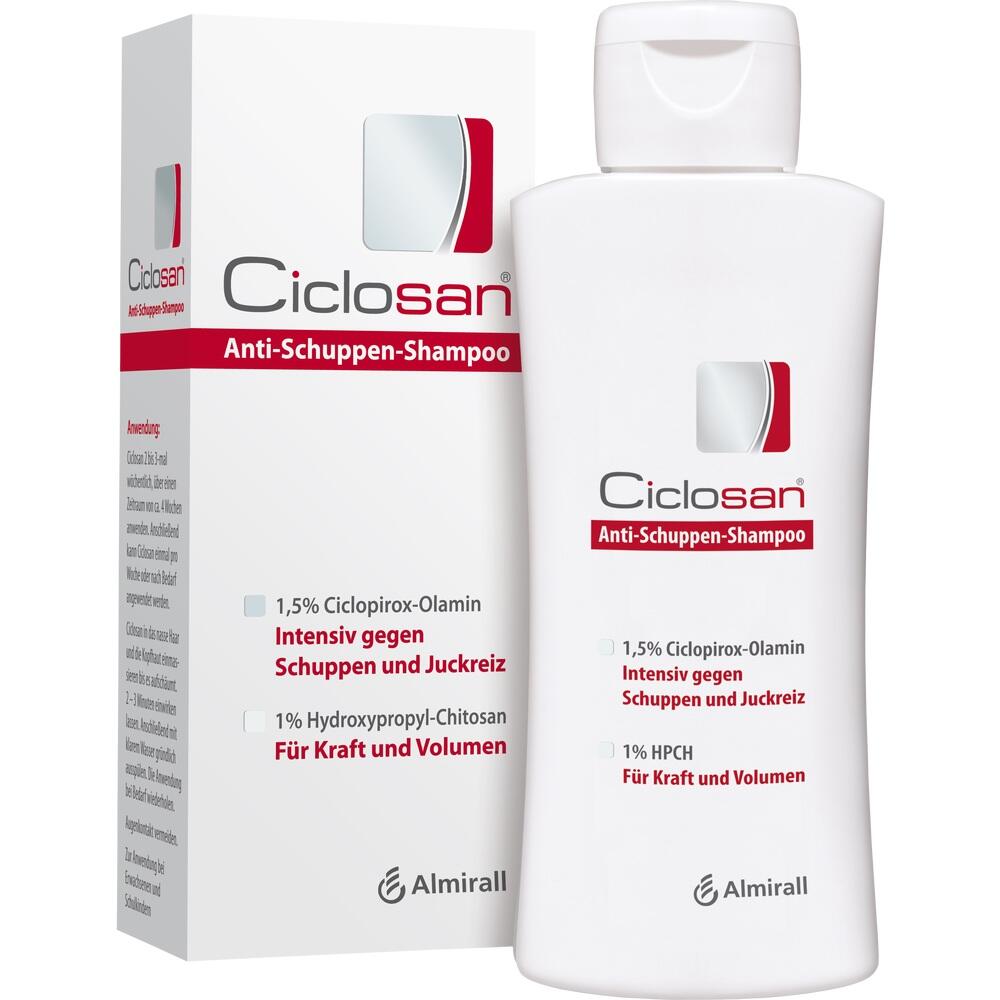 Eine Shampooflasche und -verpackung mit der Aufschrift "Ciclosan Anti-Schuppen-Shampoo".