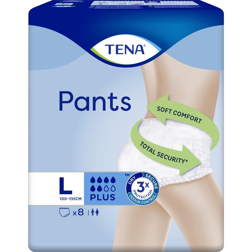 Eine Verpackung mit TENA Pants Windeln in Gr&ouml;&szlig;e L f&uuml;r Erwachsene.