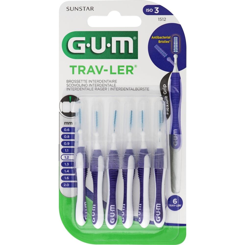 Verpackung mit sechs blauen Interdentalb&uuml;rsten der Marke GUM TRAV-LER.